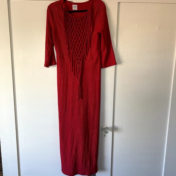 Zara women's red knotted crochet neck maxi dress braided macrame bodice - Picture 3 of 7